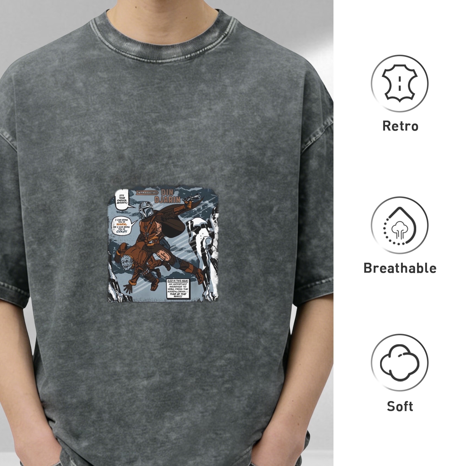 Washed Black Oversized T-Shirt with Star Wars Comic Style Print