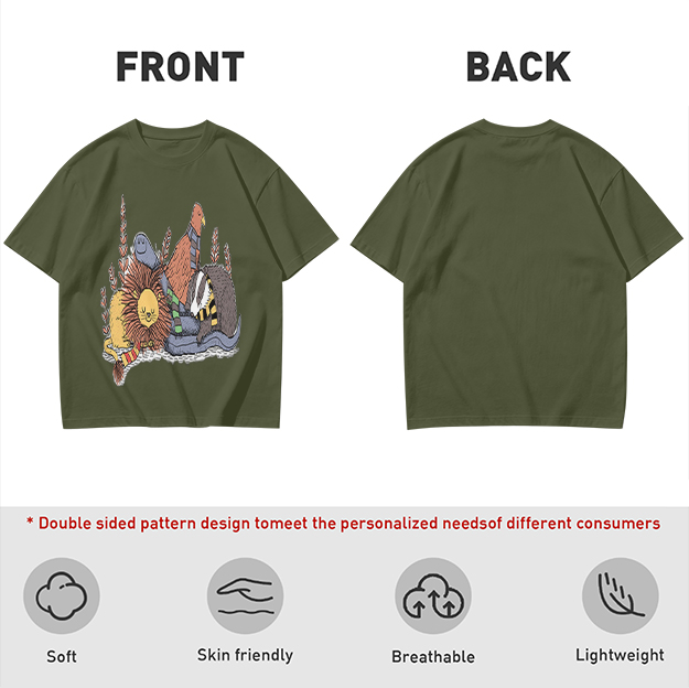 Olive Green T-Shirt With Whimsical Fantasy Creature Graphic Print