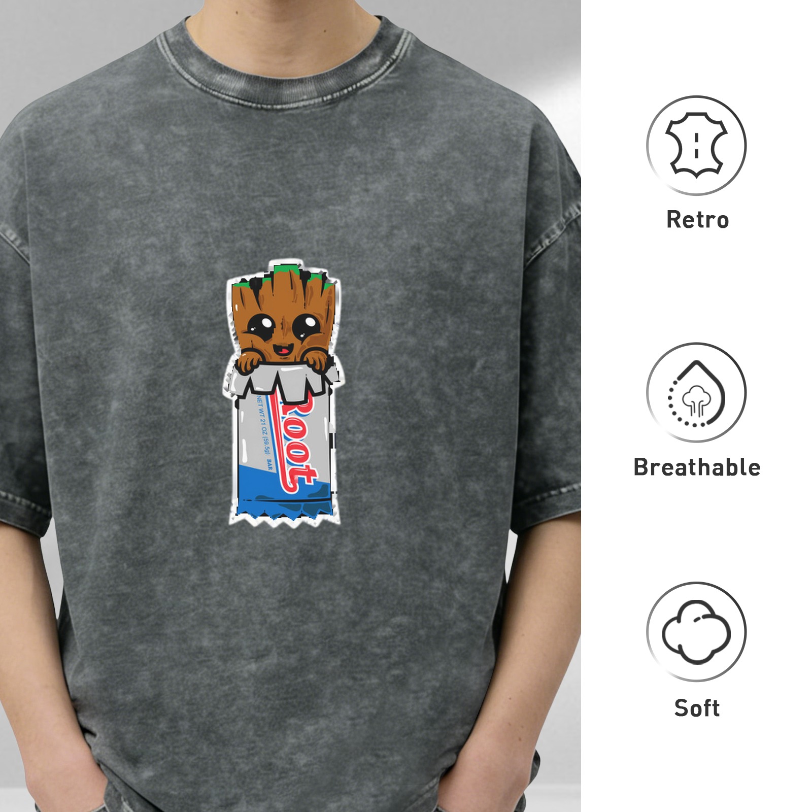 Washed black graphic t-shirt with cute Baby Root character print