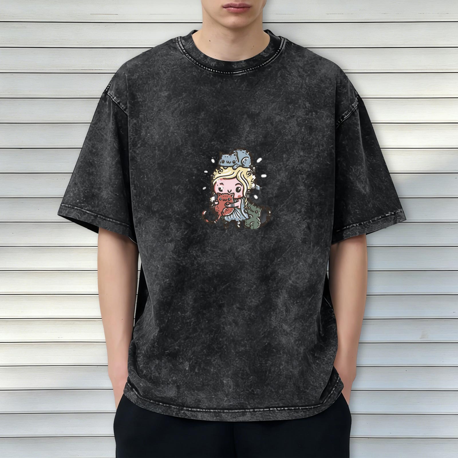 Oversized Dark Wash T-Shirt With Cute Cartoon Girl And Cats Print
