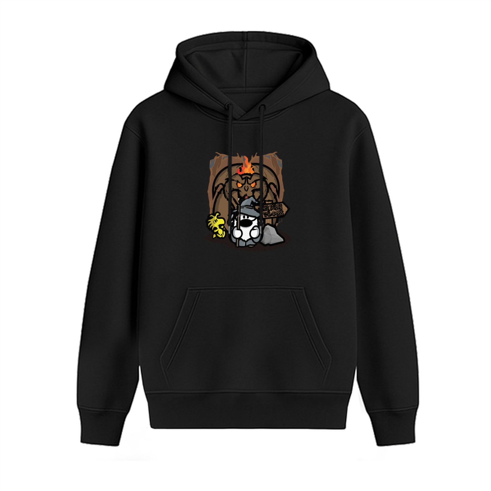 Black hoodie with Snoopy wizard and dragon fantasy graphic