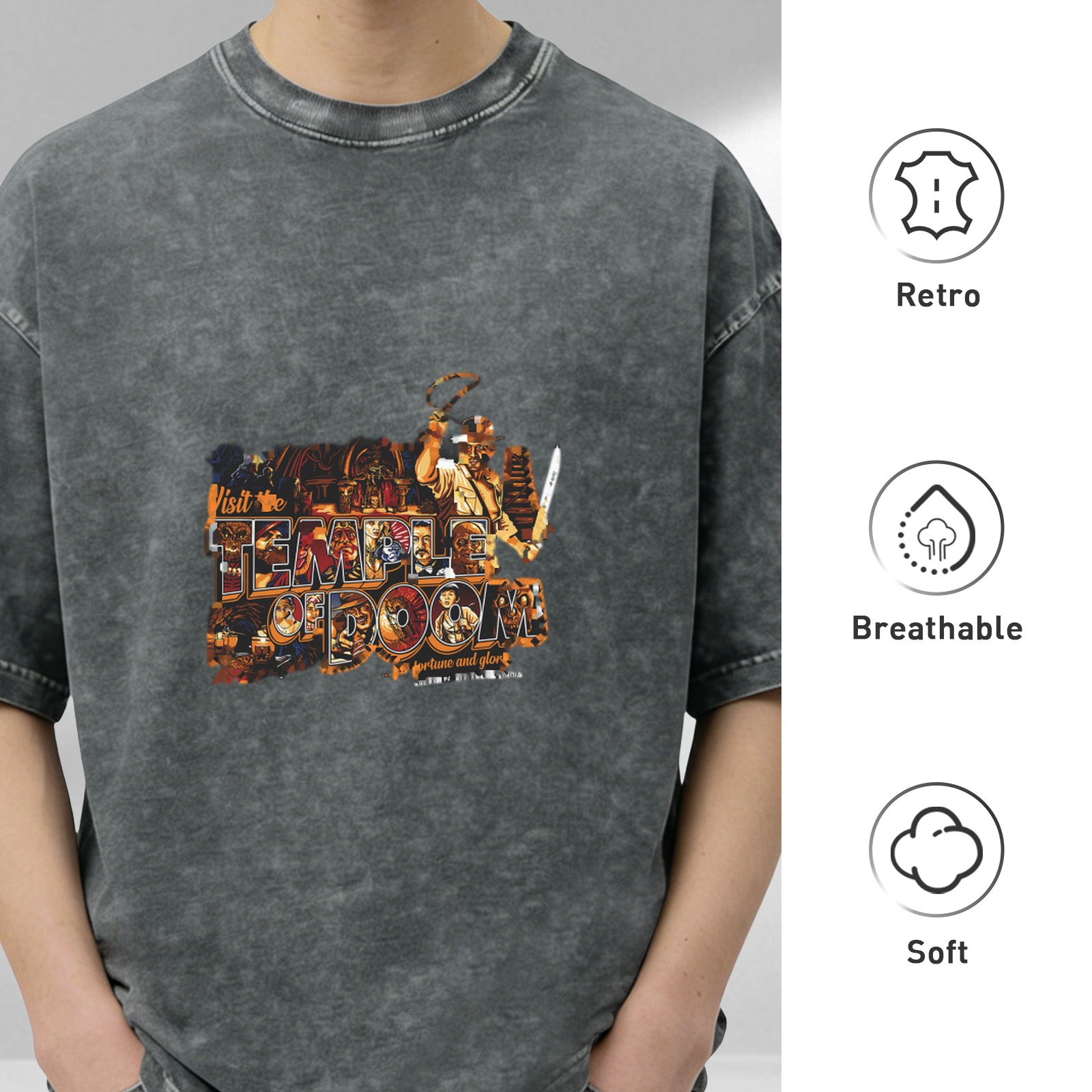Washed Black Graphic Tee Featuring Temple of Doom Adventure Design