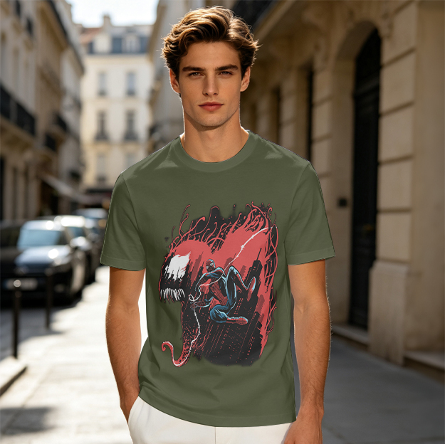 Olive T-shirt with Spider-Man and Symbiote Villain Graphic