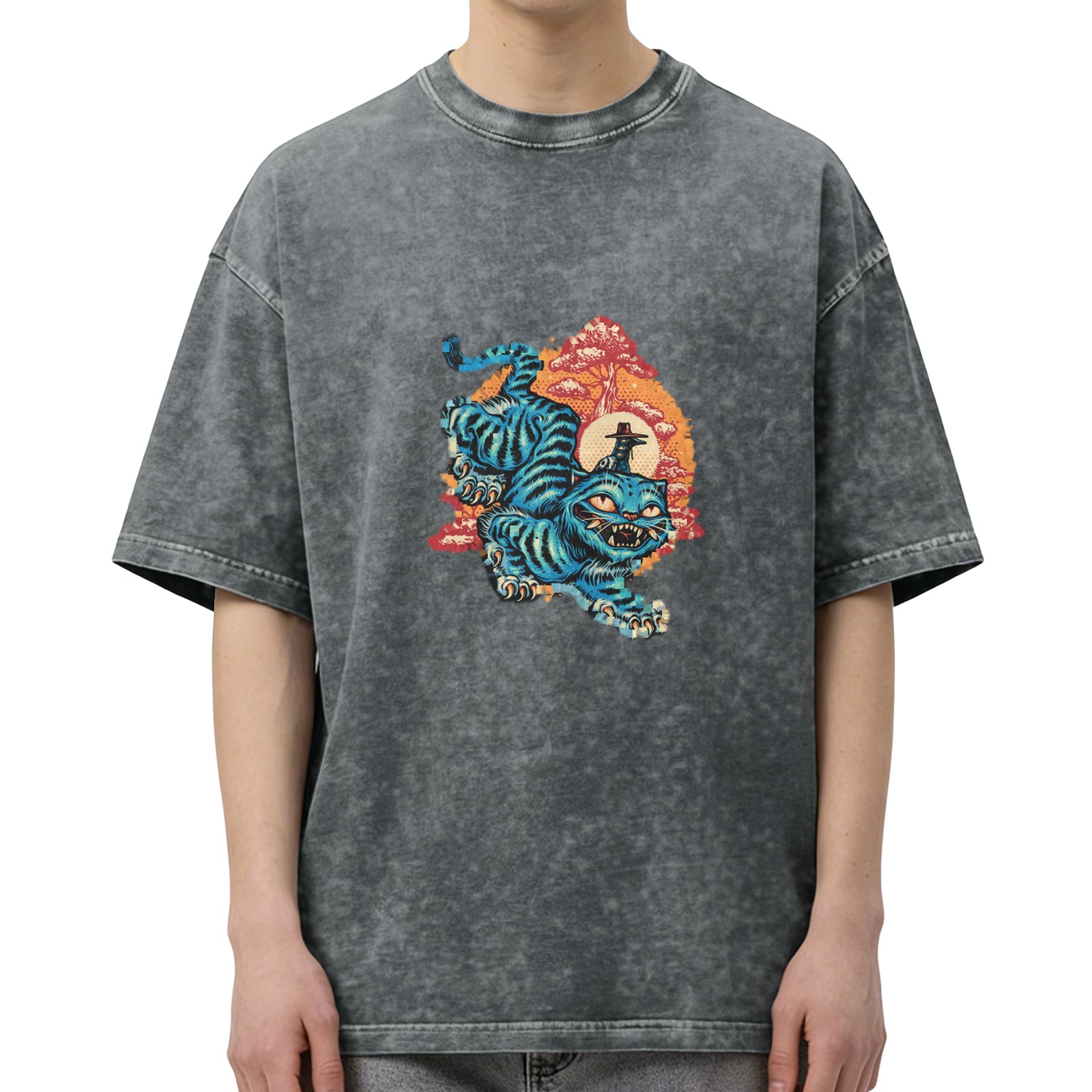 Washed Black T-Shirt With Blue Tiger Japanese Style Graphic