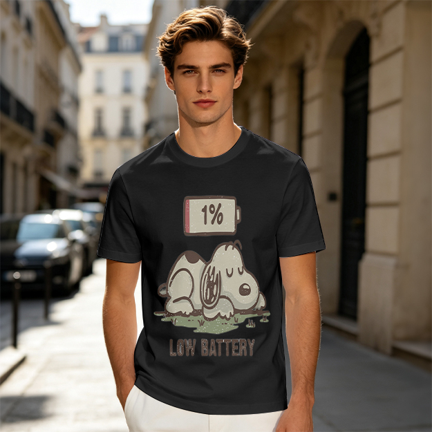 Olive T-Shirt With Tired Dog 1% Battery Graphic Print