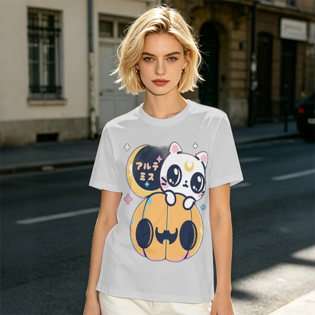 Cute white cat on jack-o'-lantern Halloween graphic tee