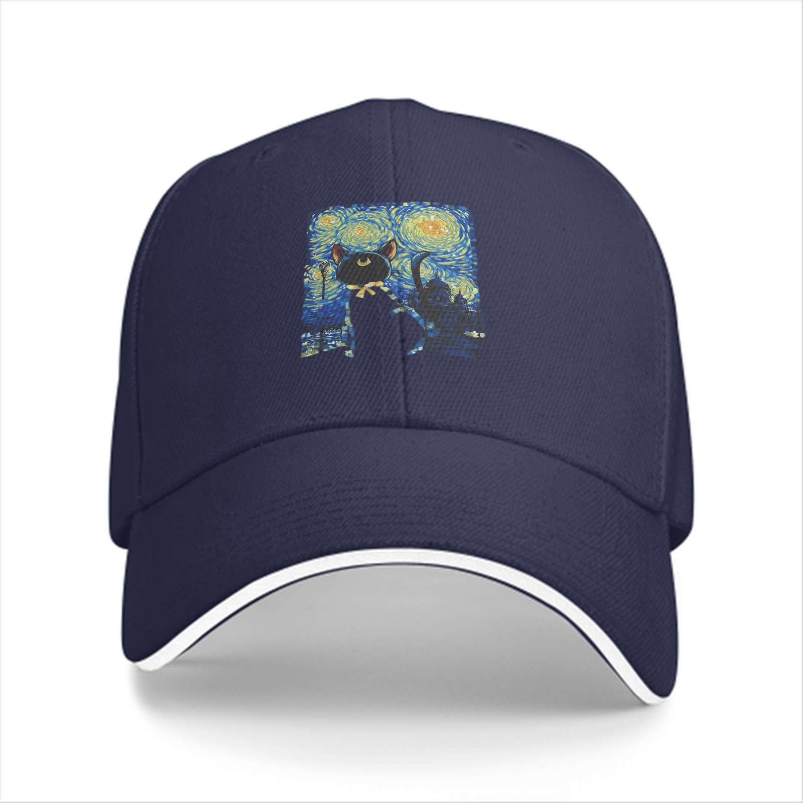 Black Baseball Cap With Starry Night Cat Art Print