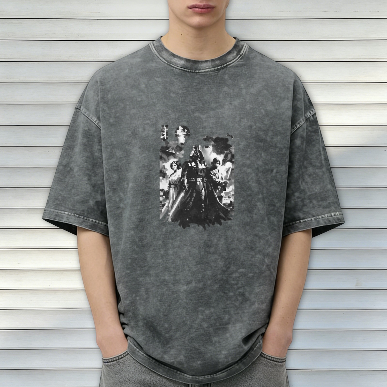 Star Wars Themed Vintage Wash T-Shirt featuring Darth Vader, Princess Leia and Luke Skywalker Graphic