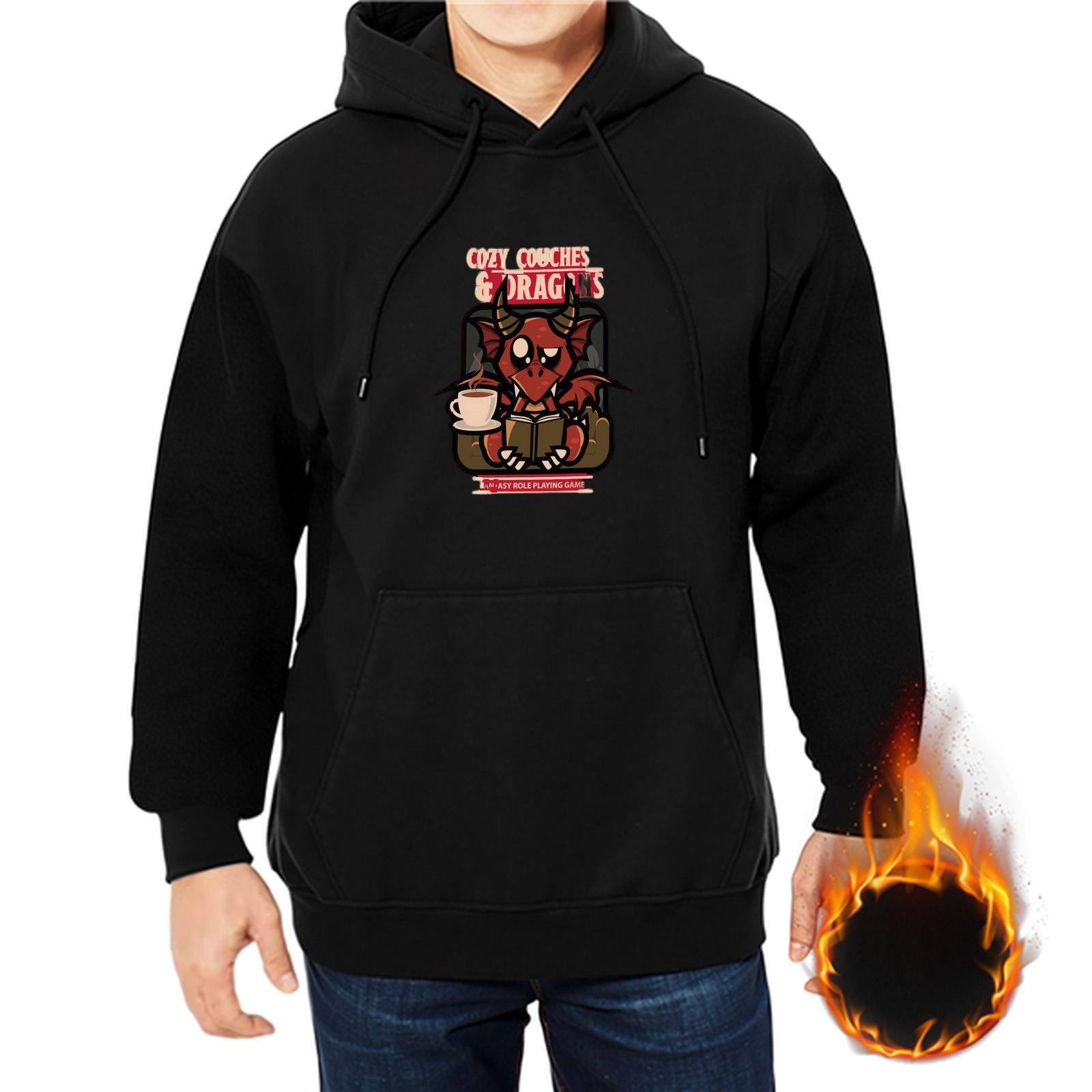 Black hoodie with cozy dragons reading and coffee graphic