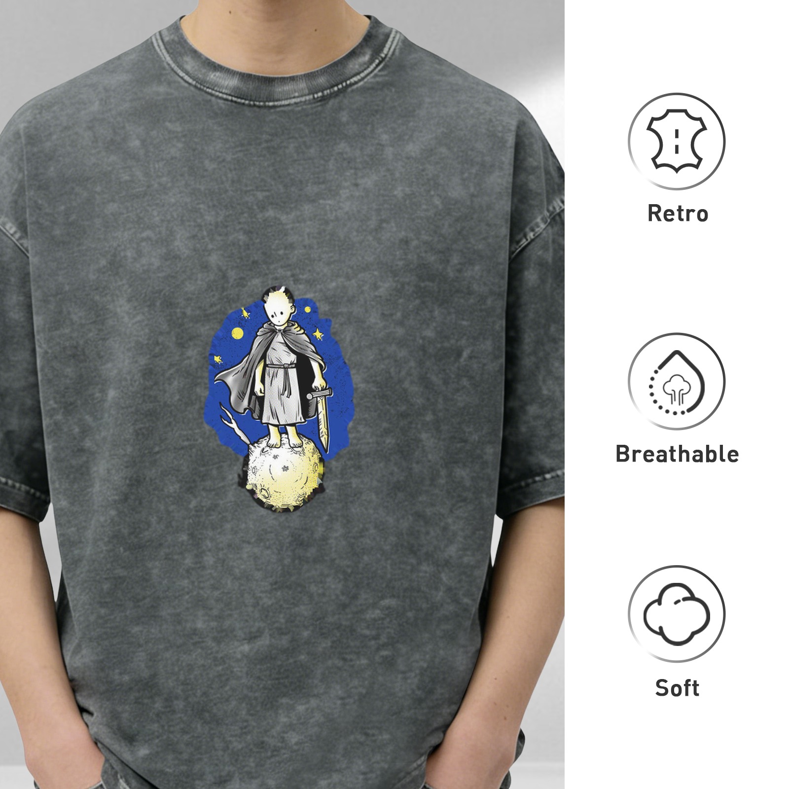 Oversized Acid Wash T-Shirt With Little Prince Space Knight Graphic