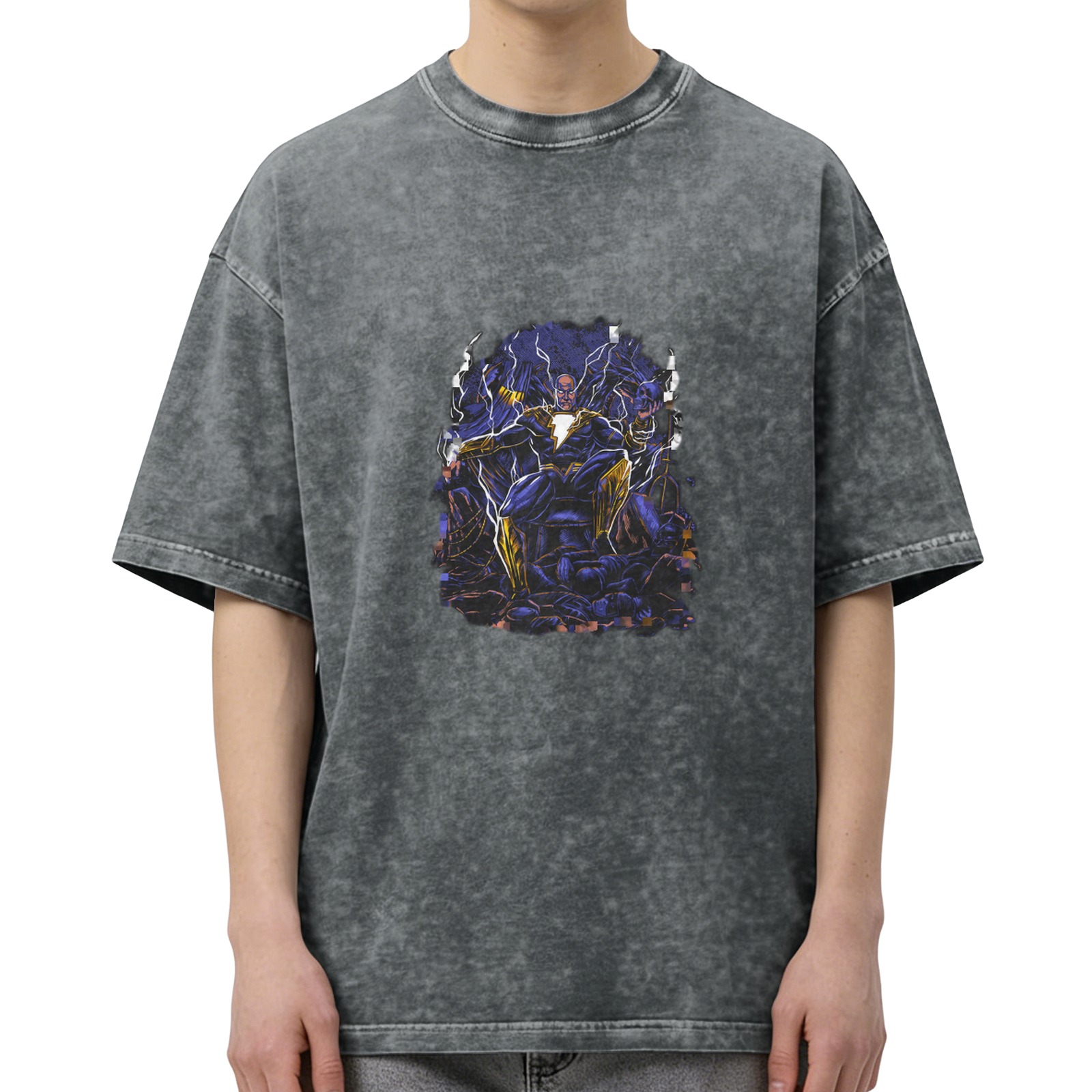 Oversized Dark Wash T-Shirt With Black Adam Lightning Artwork