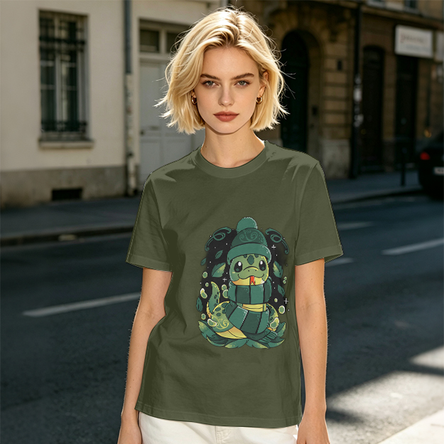 Olive Green T-Shirt With Cute Cartoon Snake Graphic