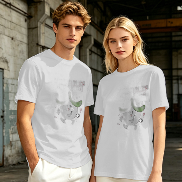 Olive green graphic t-shirt with playful cartoon character print