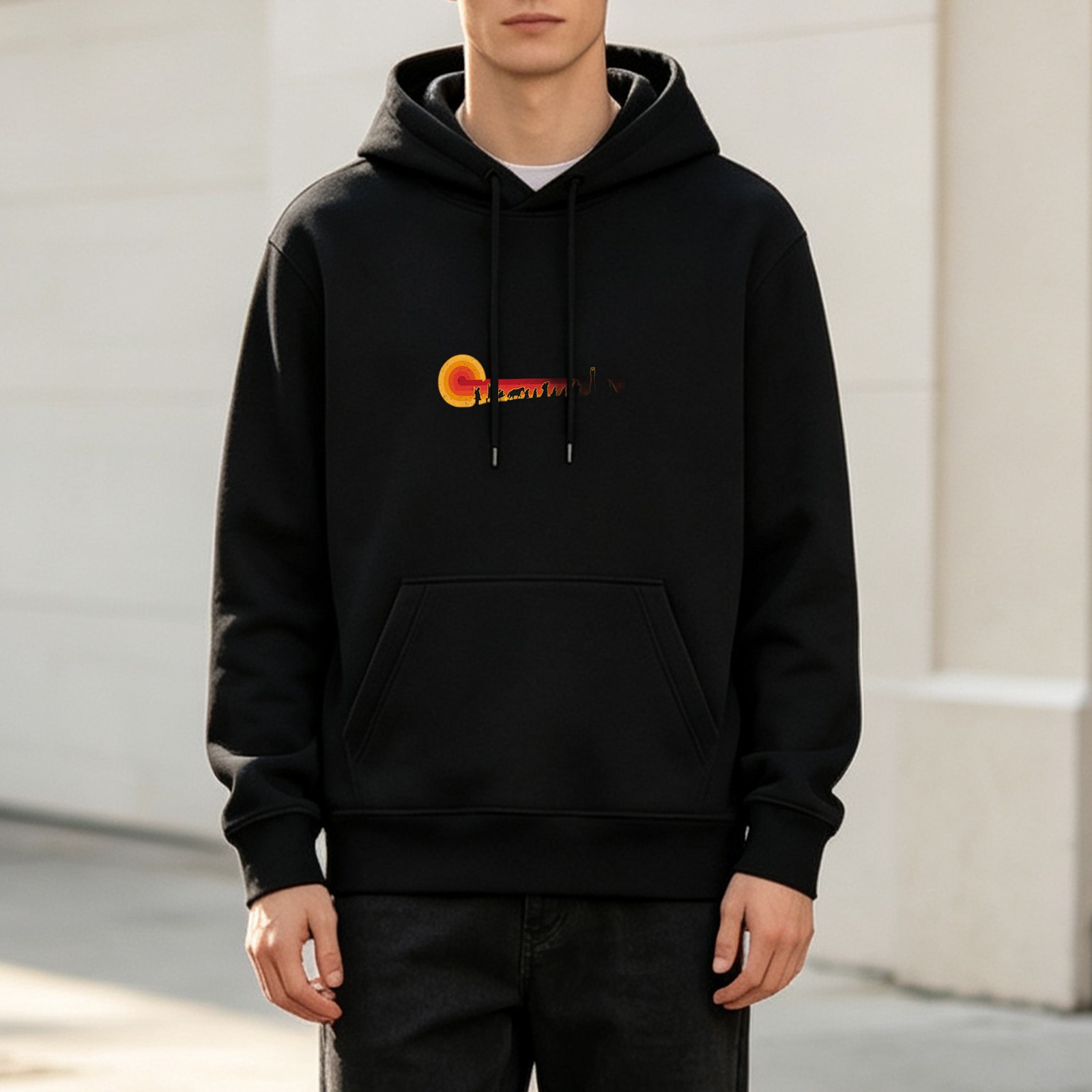 Black Hoodie with Sunset Landscape Graphic Print