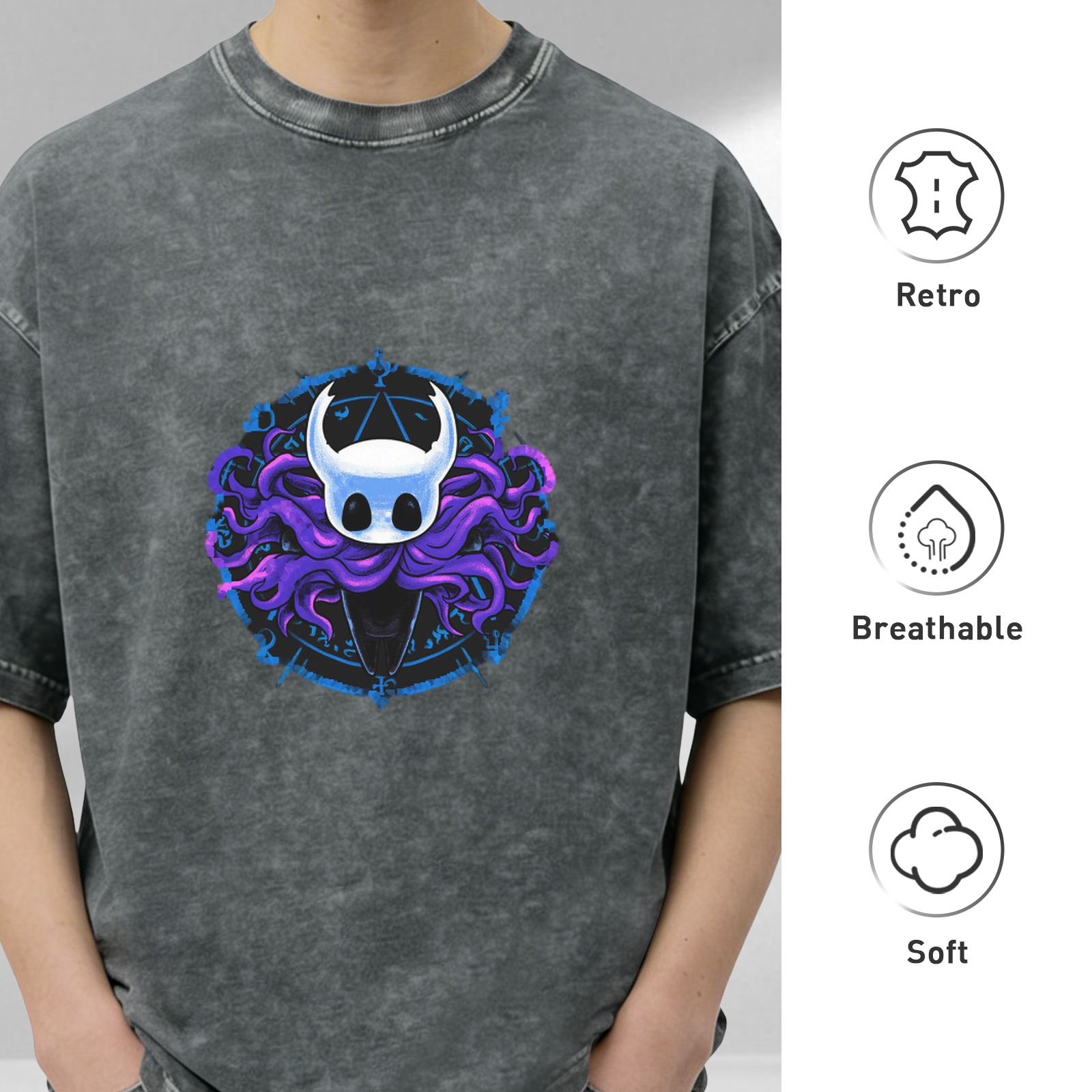 Oversized Dark Wash T-Shirt With Hollow Knight Tentacle Graphic Print