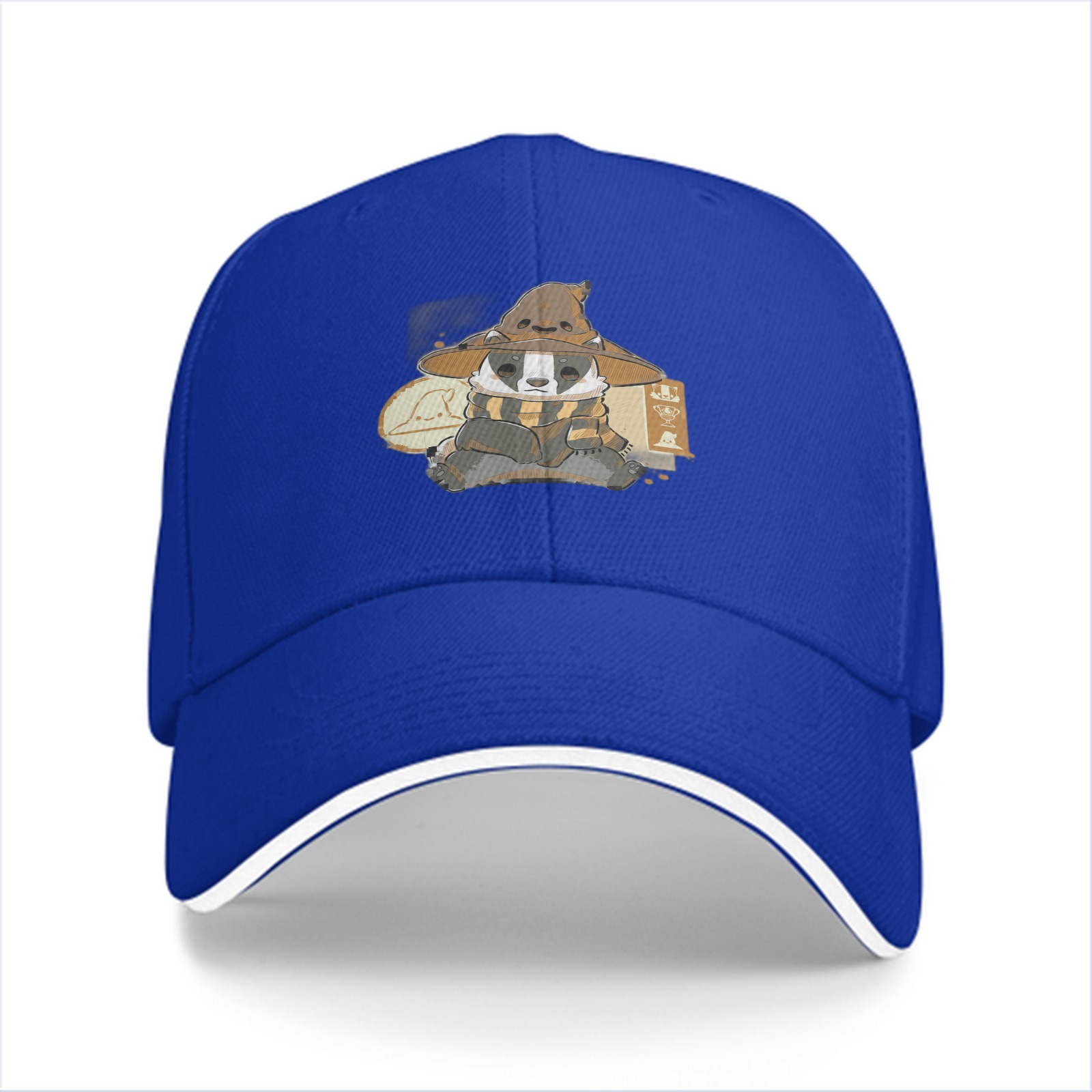 Black baseball cap with Hufflepuff badger wizard design