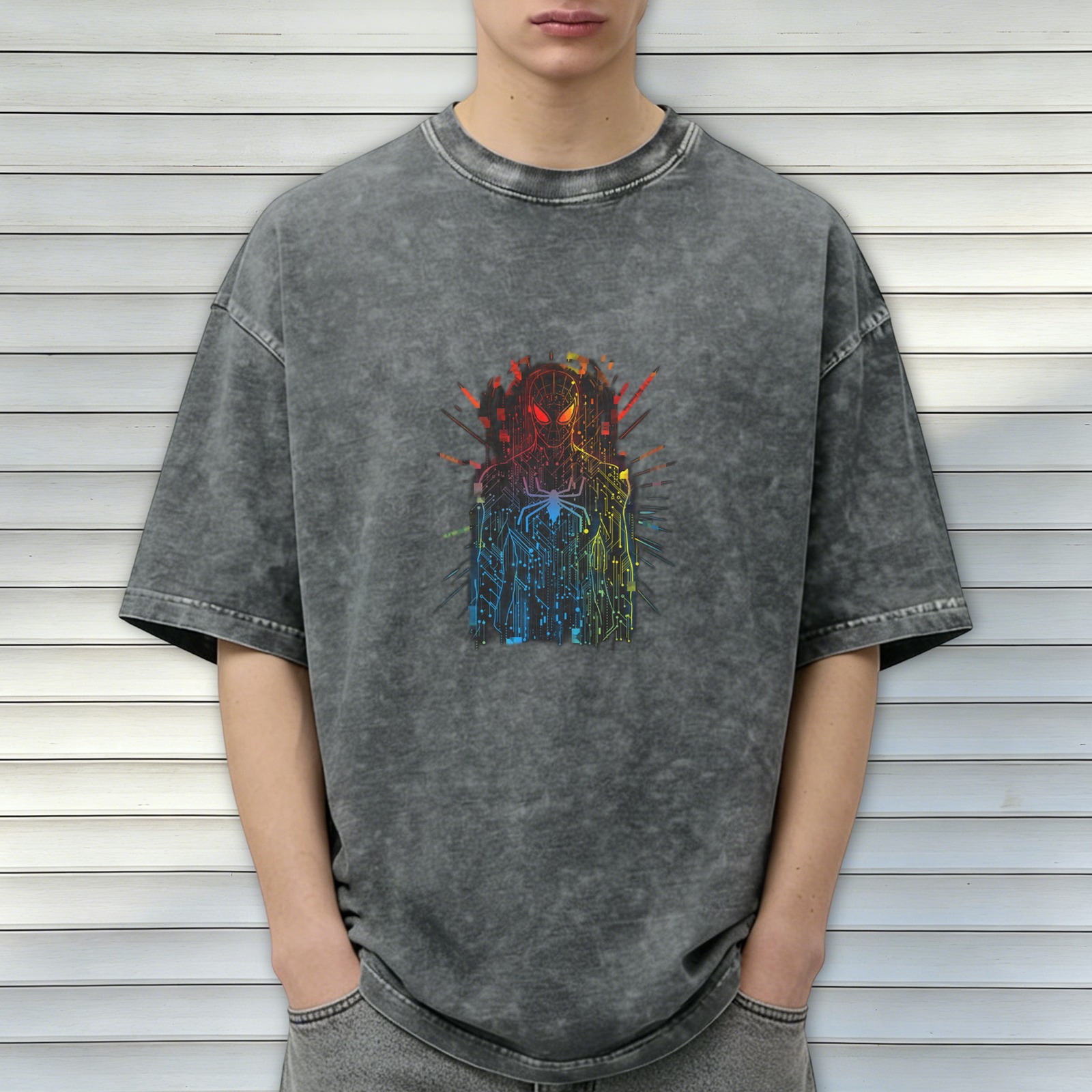 Washed Black Oversized T-Shirt with Neon Spider-Man Circuit Design