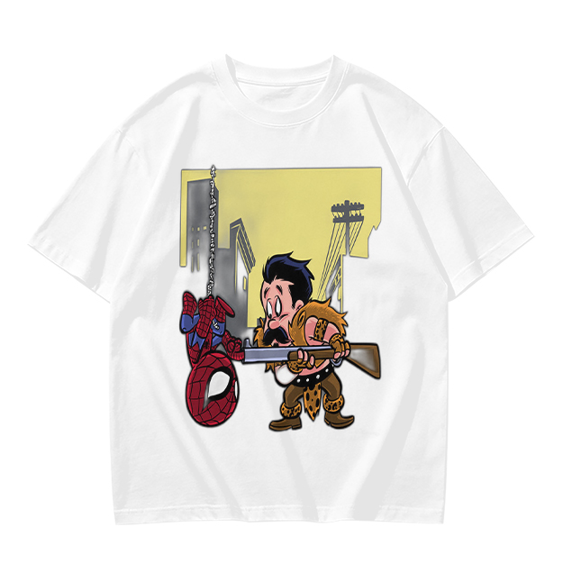 Olive T-shirt with Spider-Man and Hunter Cartoon Print