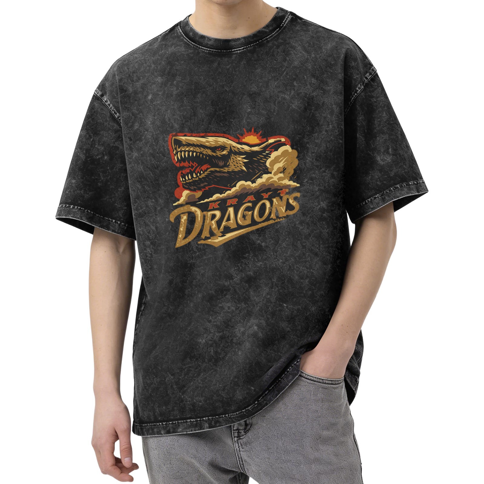 Oversized Acid Wash T-Shirt with Kray Dragons Graphic Print