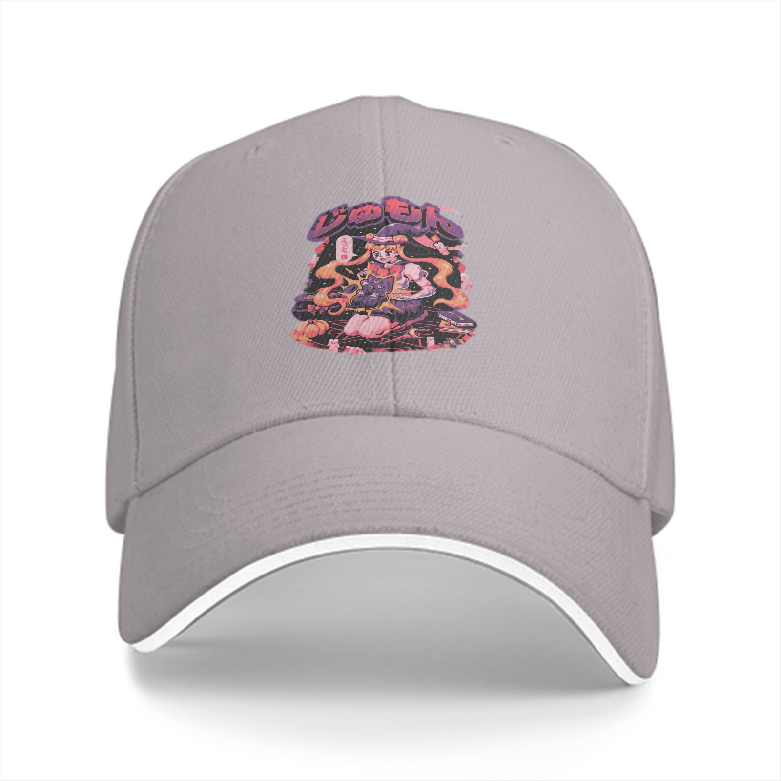 Black baseball cap with anime witch graphic print