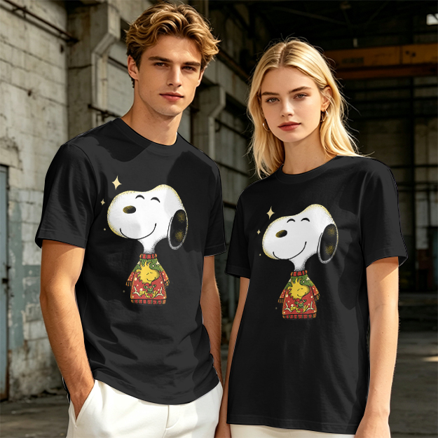 Olive T-shirt with Snoopy in Christmas Sweater Graphic