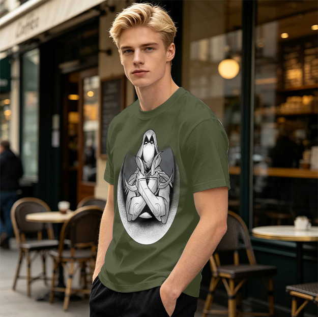 Olive T-shirt with Moon Knight Crossed Arms Graphic Print