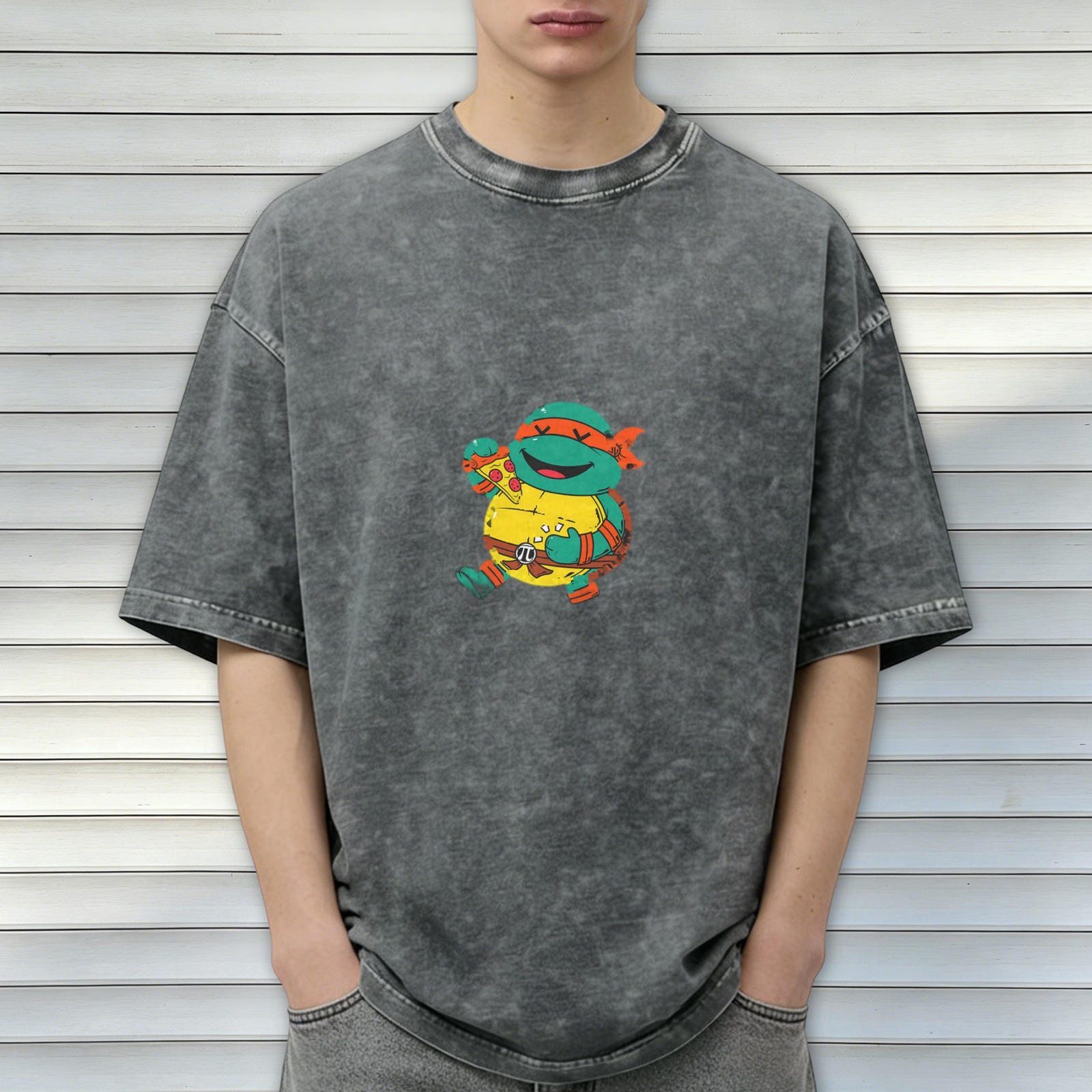 Washed Black Oversized T-Shirt with Cartoon Ninja Turtle Pizza Print