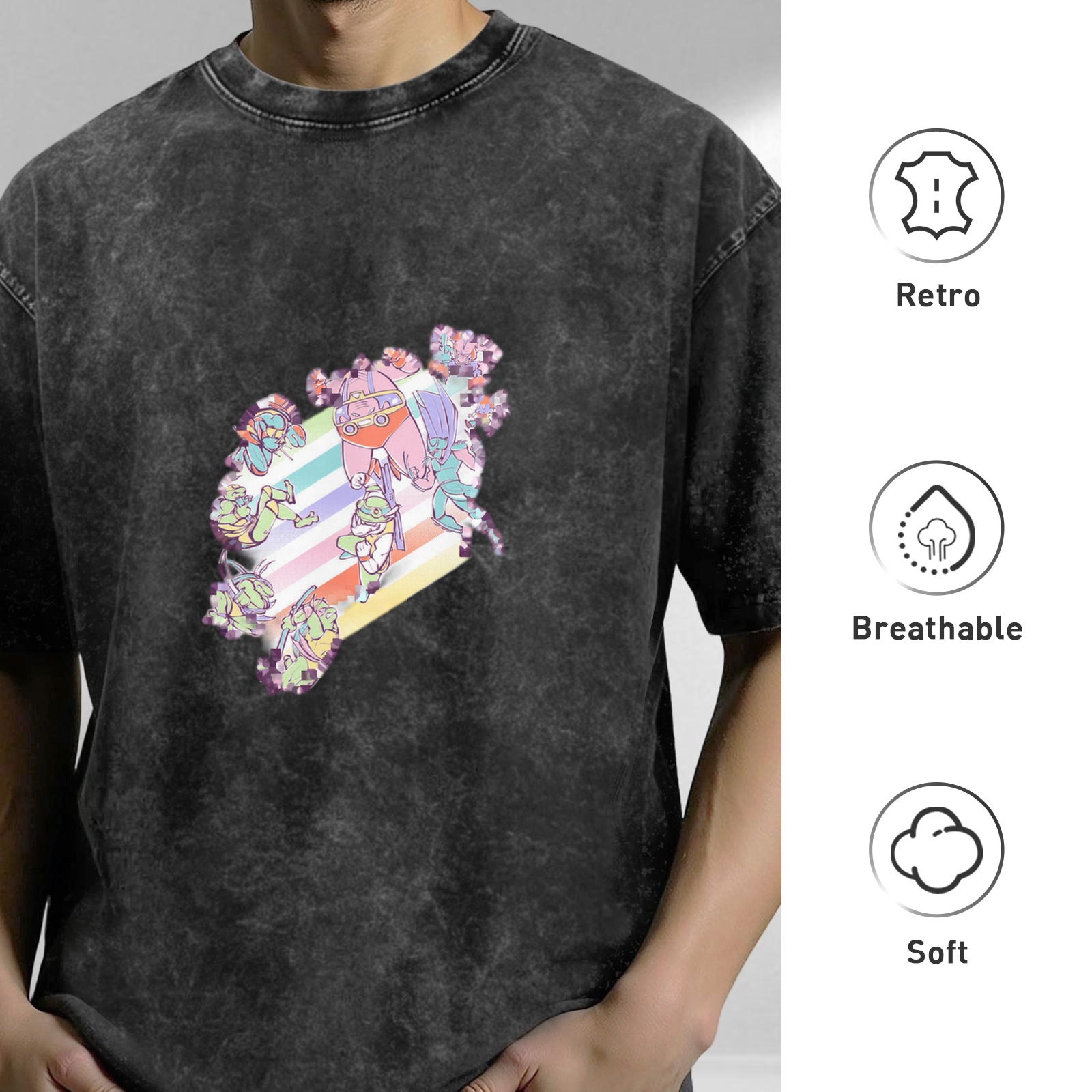 Oversized Acid Wash Graphic T-Shirt with Pastel Anime Characters