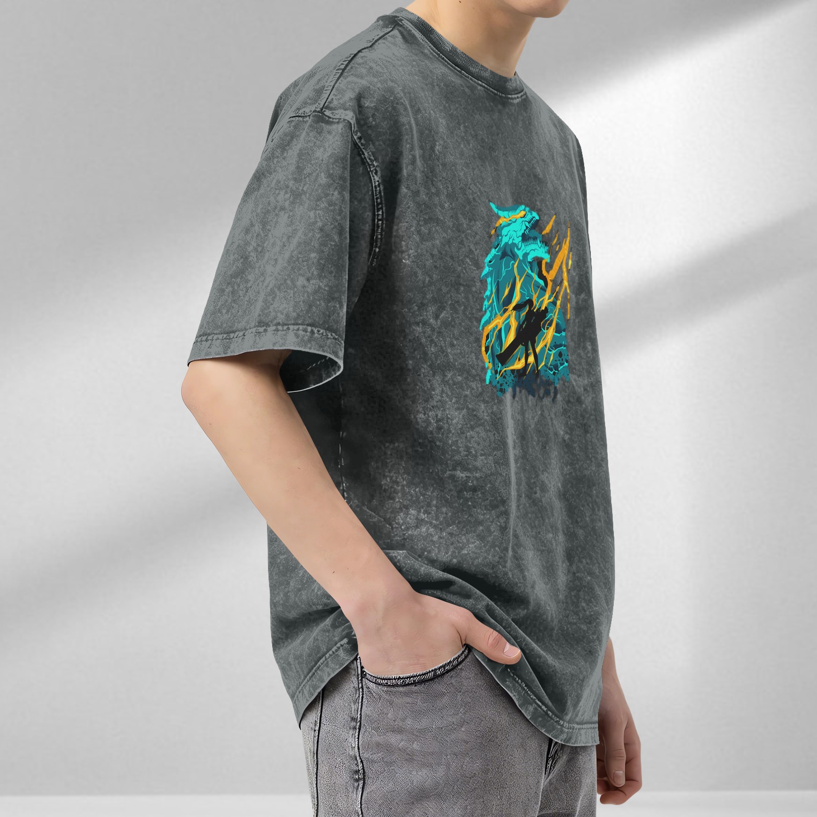 Oversized Acid Wash T-Shirt With Dragon Lightning Graphic Print