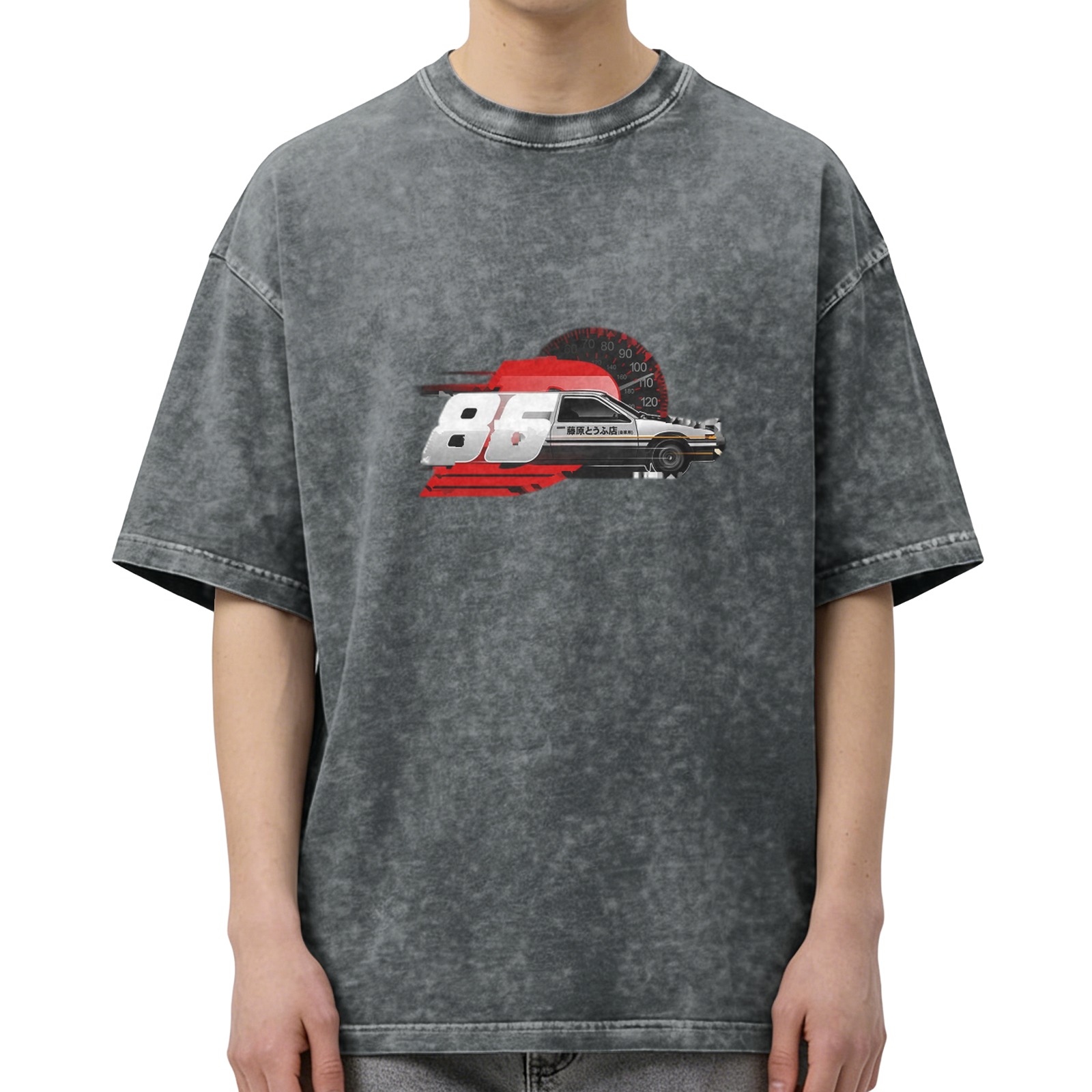 Distressed black loose short-sleeved T-shirt Initial D AE86 racing print washed retro round neck top