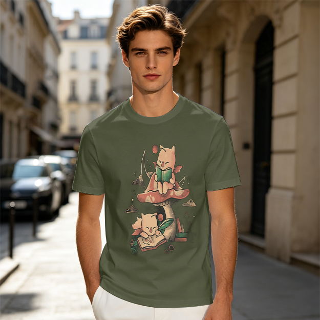 Olive t-shirt with cute reading forest creatures on a mushroom