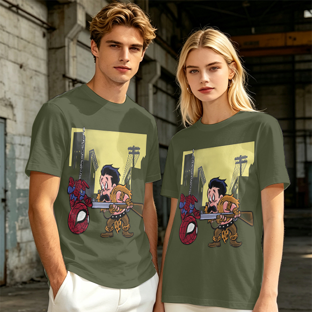 Olive T-shirt with Spider-Man and Hunter Cartoon Print