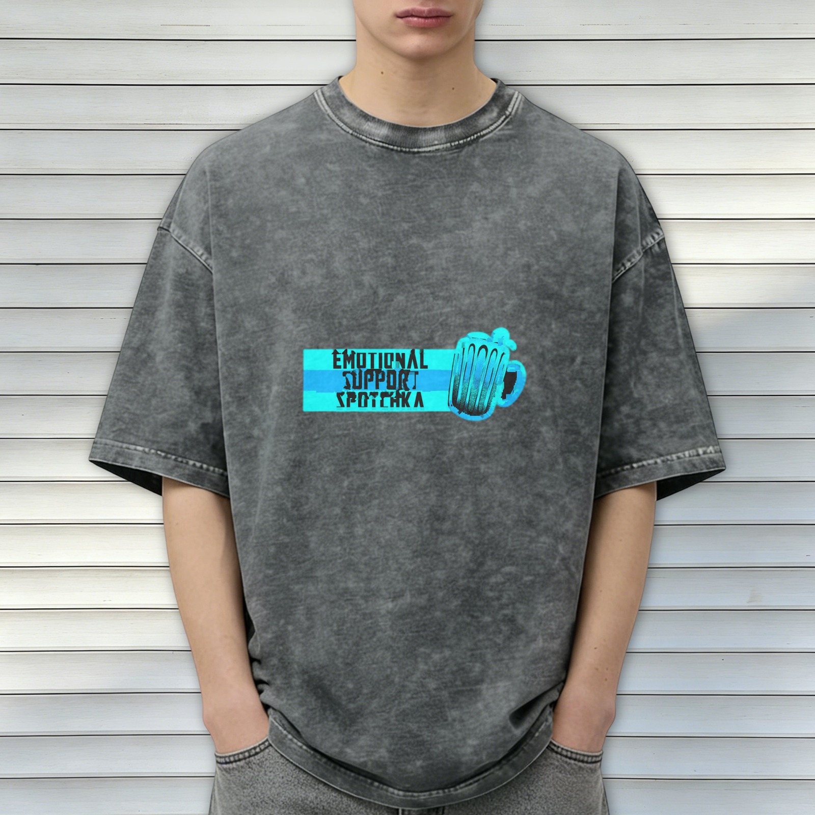 Oversized Acid Wash T-Shirt With Emotional Support Spotchka Beer Mug Print