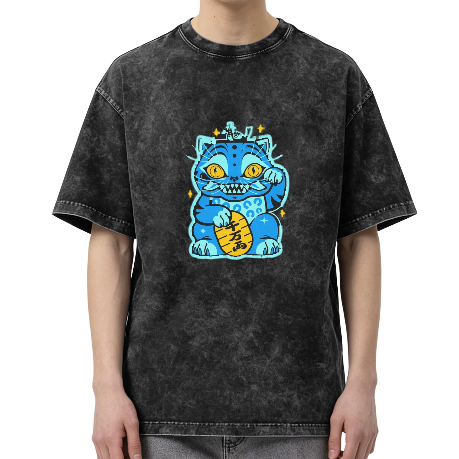 Oversized Black Acid Wash T-Shirt With Blue Maneki-Neko Cat Graphic