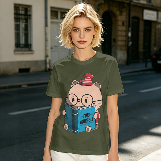Olive T-shirt with Cute Reading Cat Graphic 'Find Yourself'