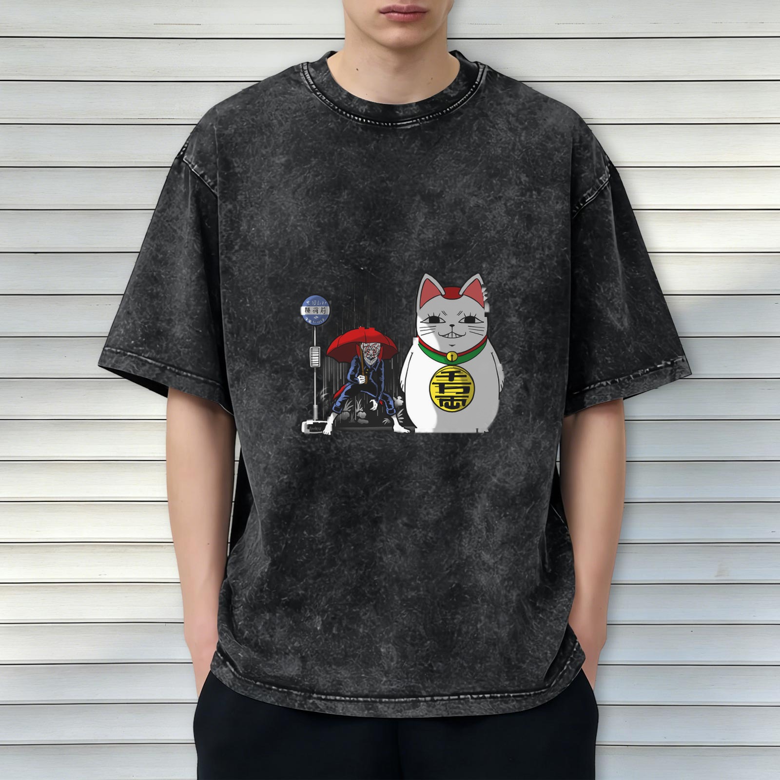 oversized acid wash t-shirt with japanese maneki neko and yokai graphic