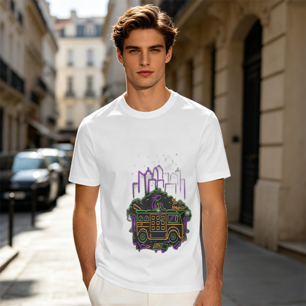 Olive T-Shirt With Neon City Bus Graphic Design