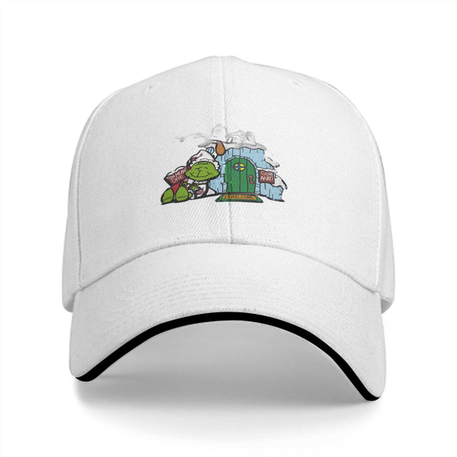Black baseball cap with Grinch-themed holiday door print