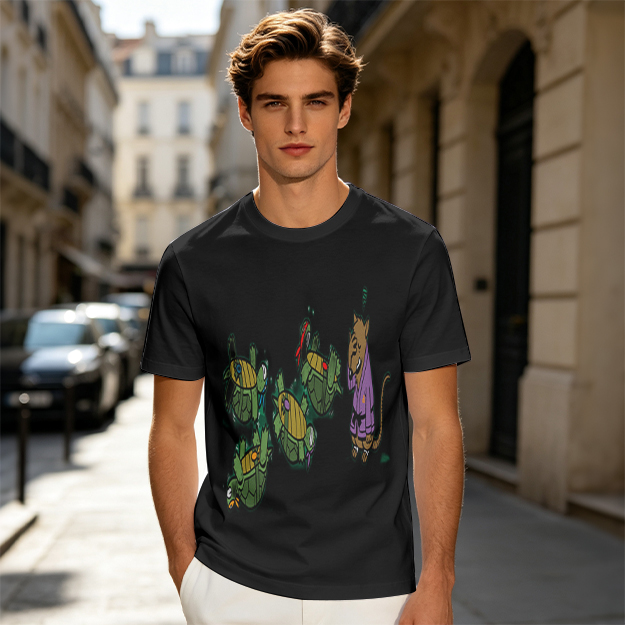 Olive Graphic Tee With Ninja Turtles and Splinter Print