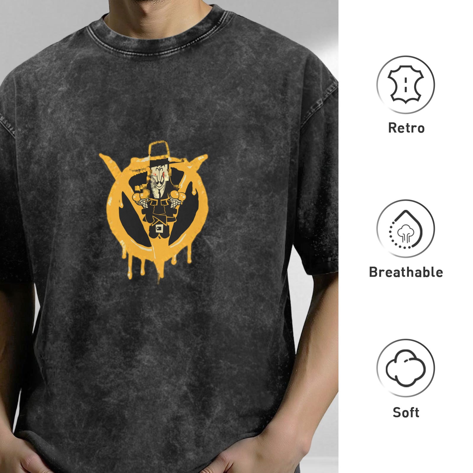 Washed Black T-Shirt With Graffiti Style Pilgrim Graphic