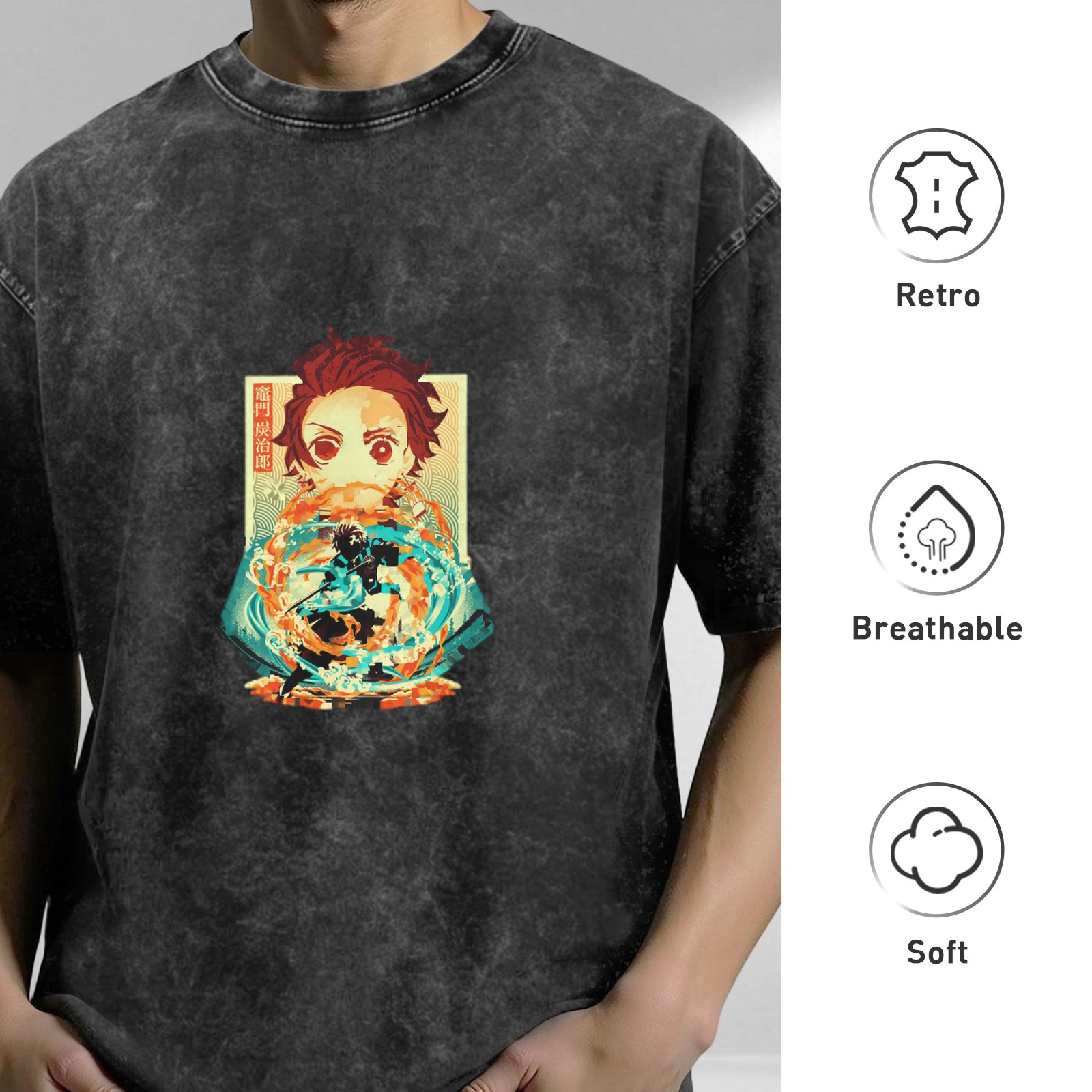Demon Slayer: Kimetsu no Yaiba Tanjiro themed washed and distressed loose short-sleeved T-shirt