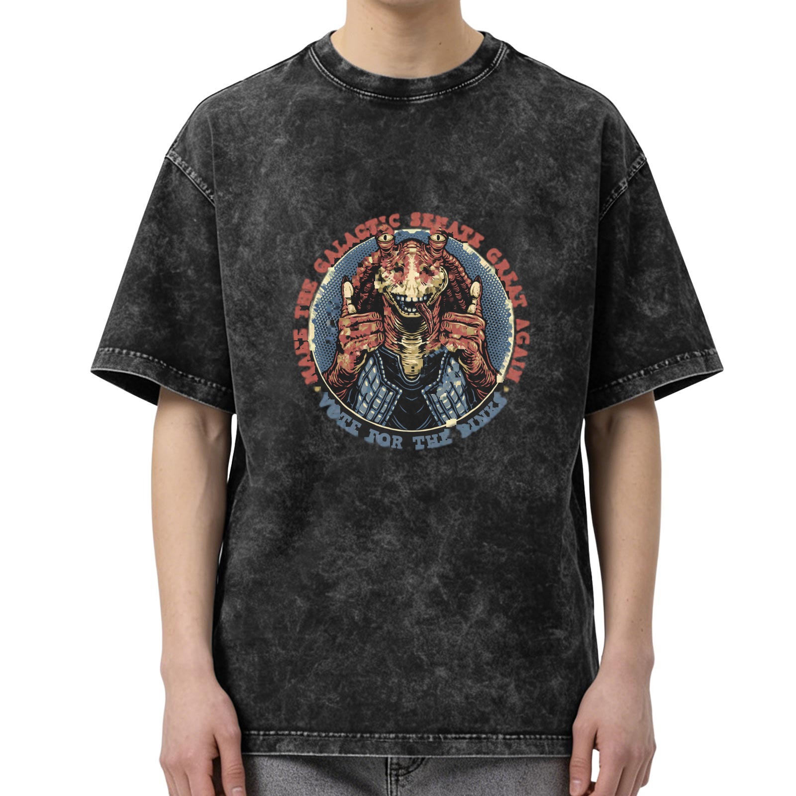 Washed Black T-Shirt With Jar Jar Binks Galactic Senate Political Print