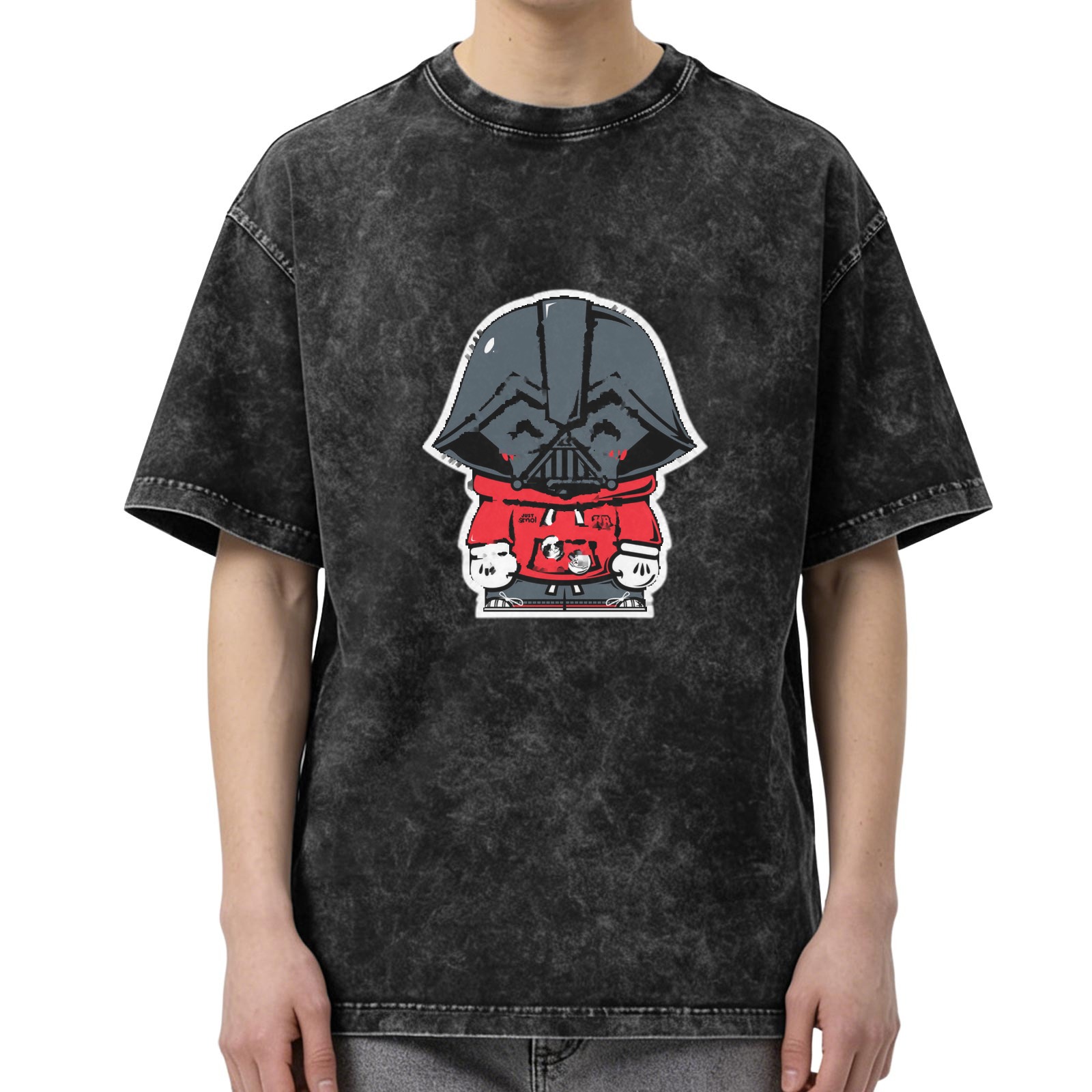 Oversized Dark Wash T-Shirt with Cute Darth Vader Hoodie Print