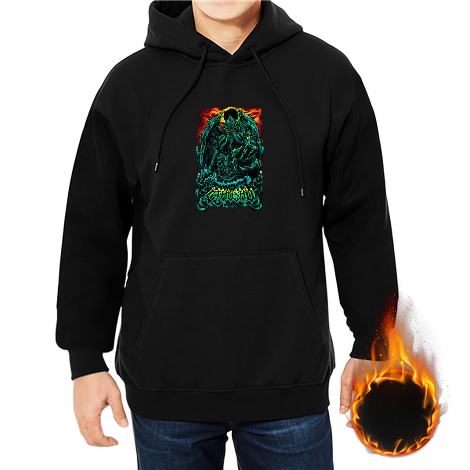 Black Hoodie With Dark Fantasy Monster Graphic Print