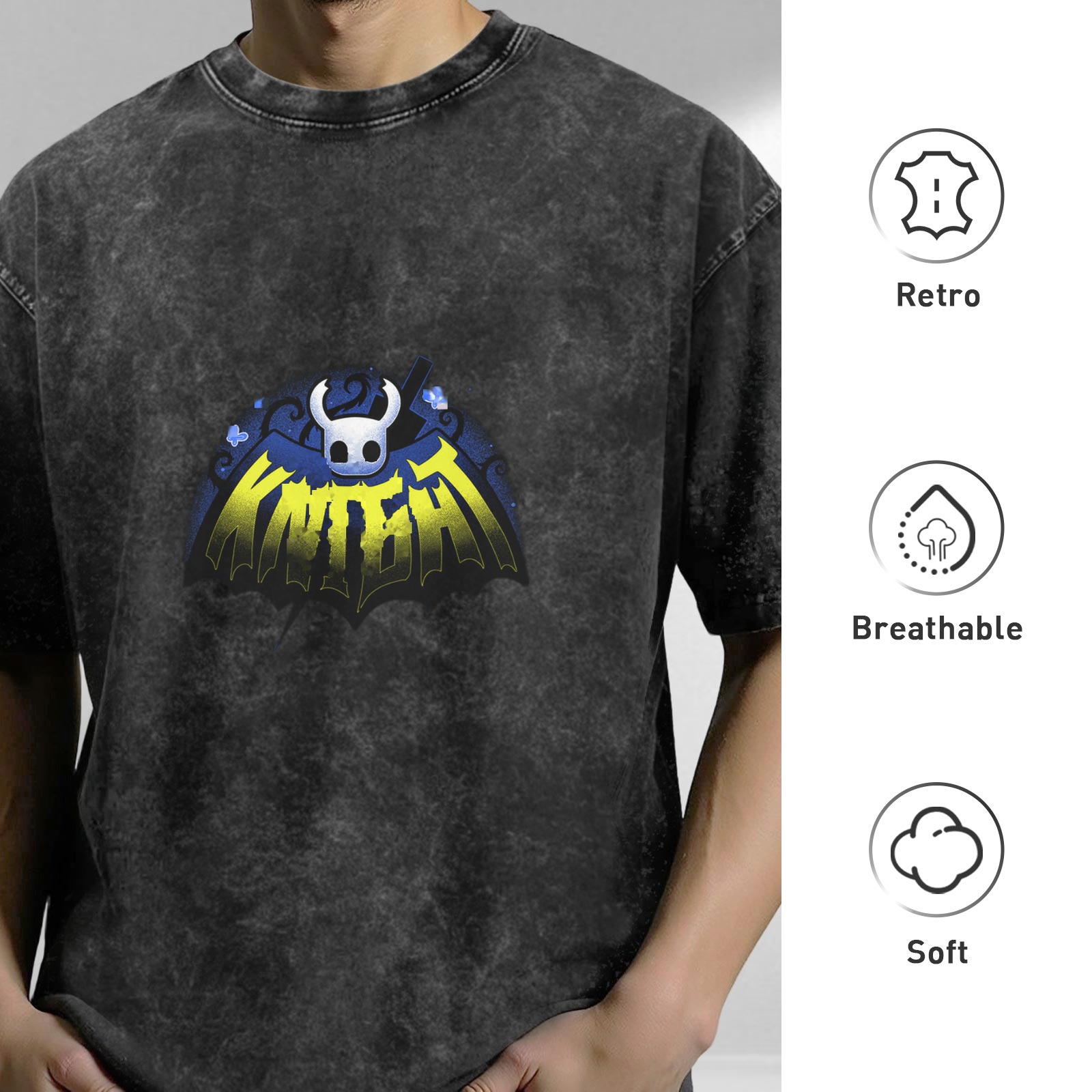 Oversized Dark Wash T-Shirt With Hollow Knight Graphic Print