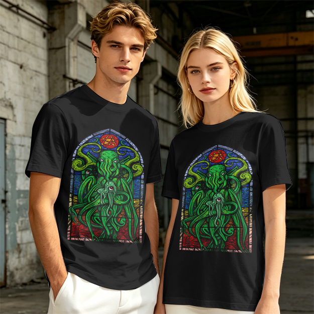 Olive T-Shirt with Cthulhu Stained Glass Style Graphic