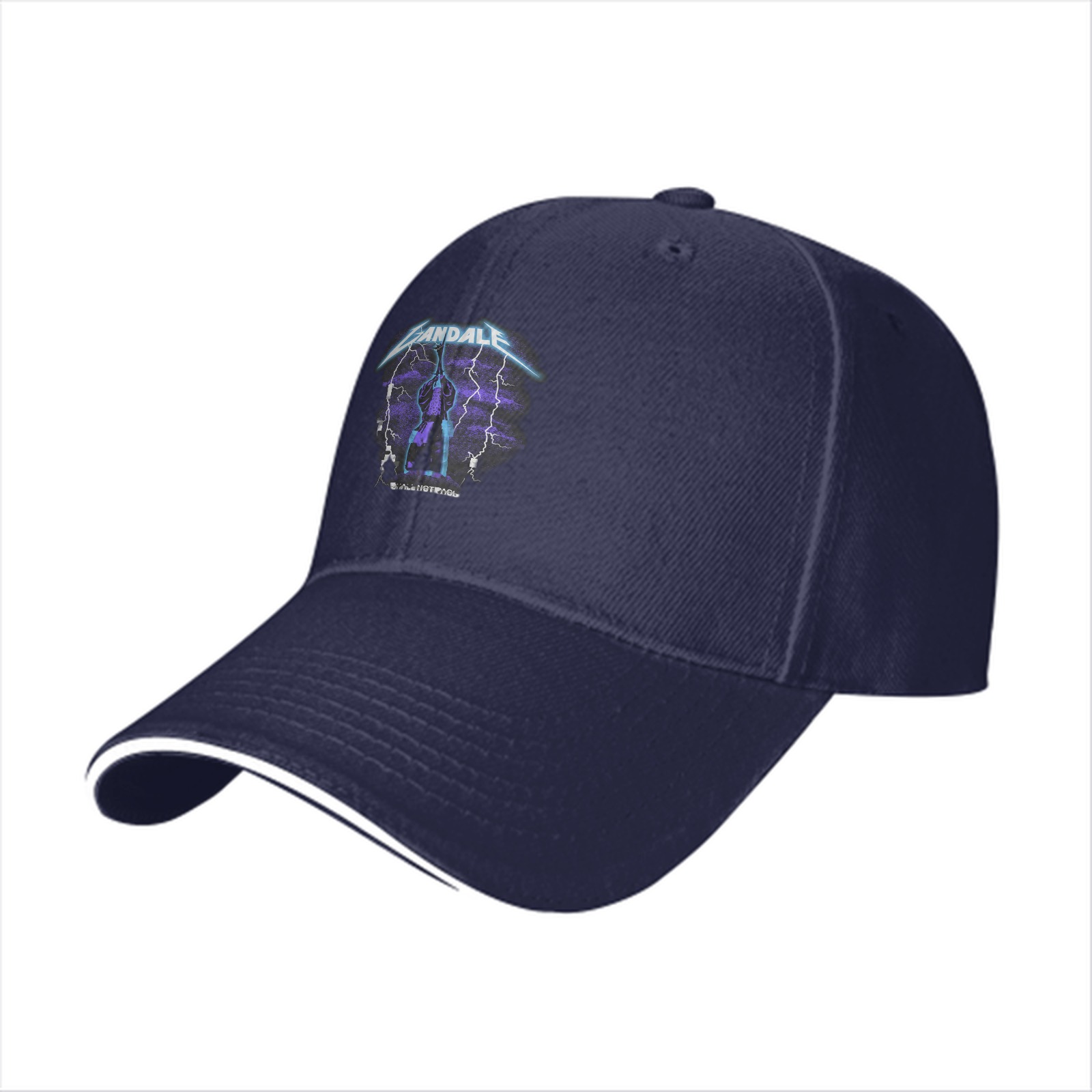 Black baseball cap with lightning graphic and text print