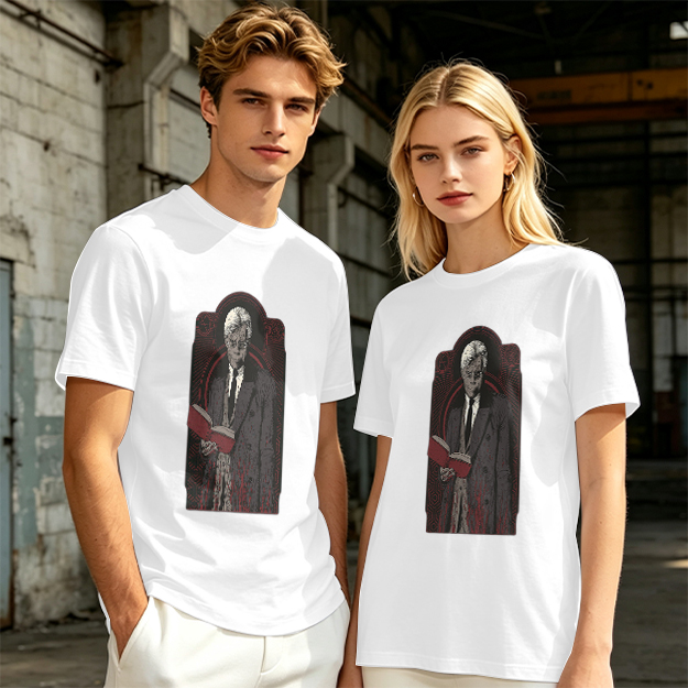 Olive T-shirt with Gothic Figure Holding Red Book Print