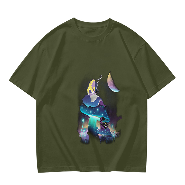 Olive T-Shirt with Alice in Wonderland Galaxy Mushroom Art