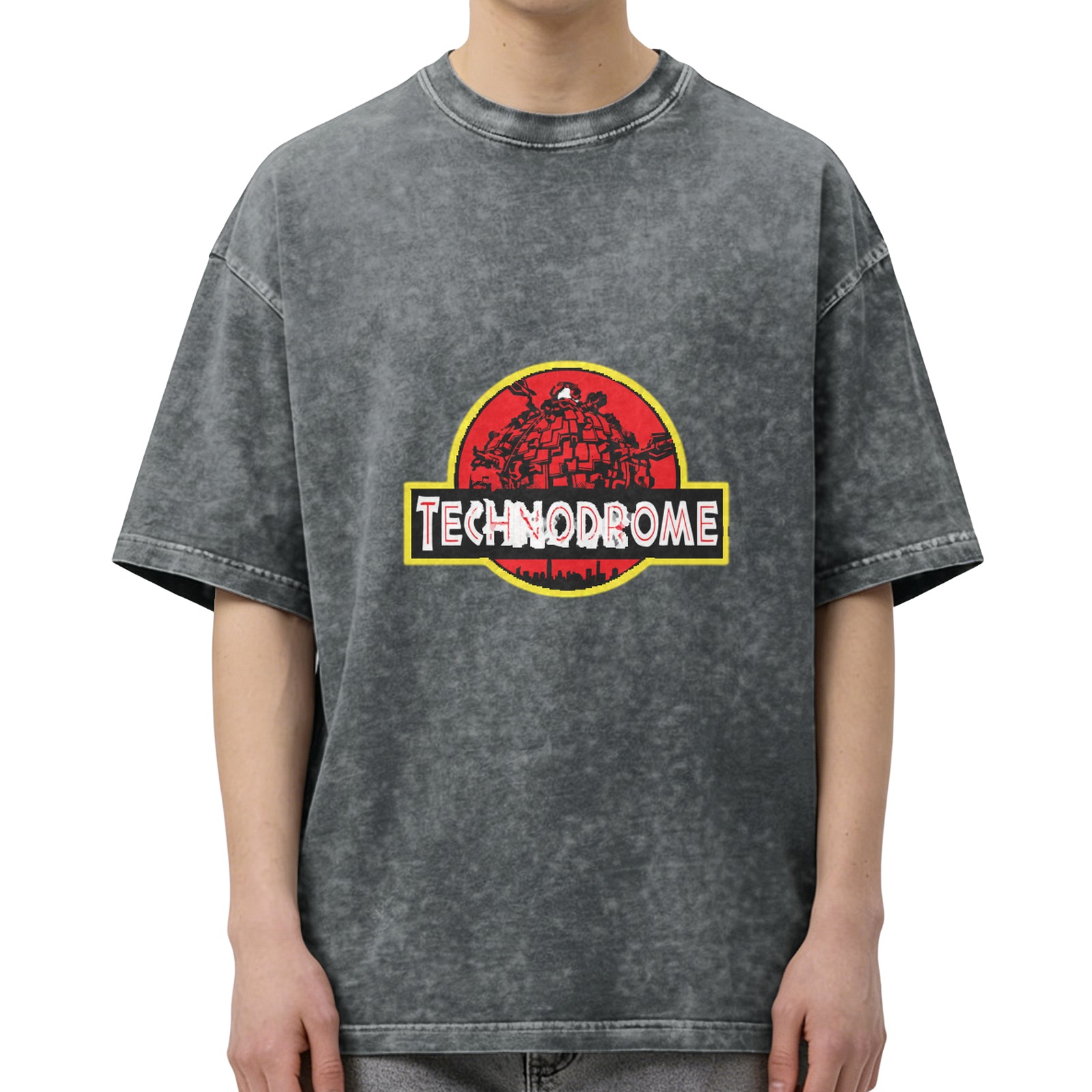 Washed Black T-Shirt With Technodrome Jurassic Style Logo
